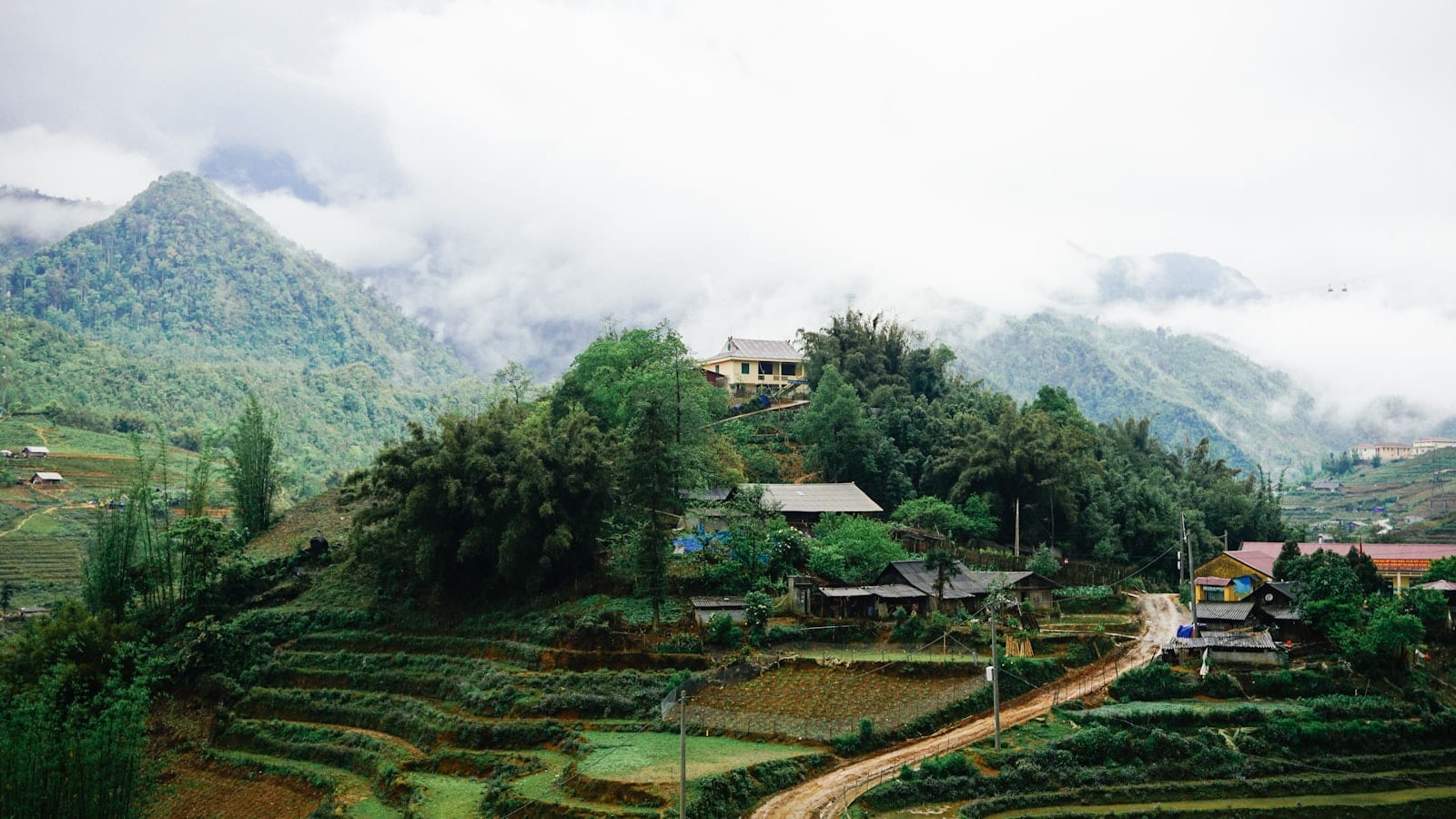 A hillside village near Sapa above terraced fields, its ridge and the mountains behind it swallowed by low white cloud
