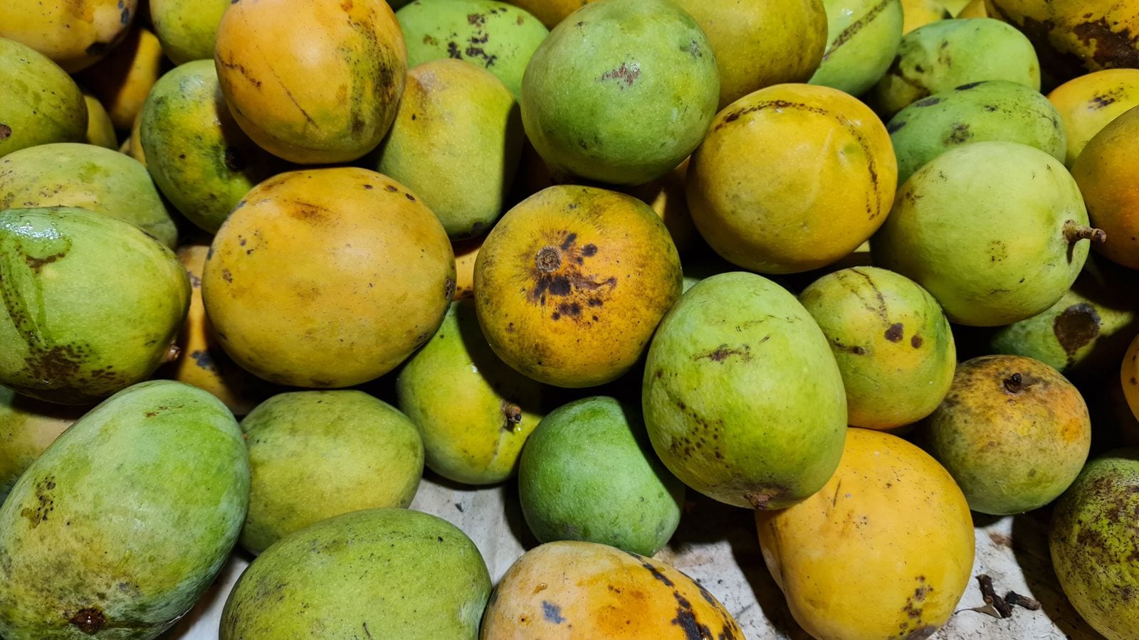 A heap of mangoes at various stages of ripeness, green through to yellow, piled on a market stall
