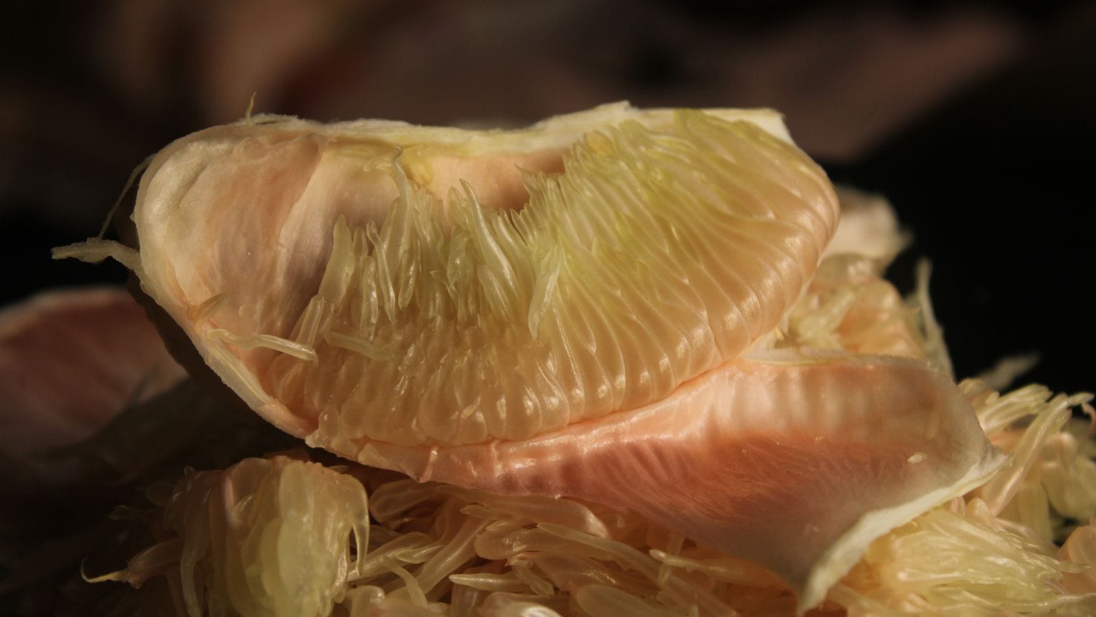 Peeled pomelo segments, pale pink flesh separated from the pith