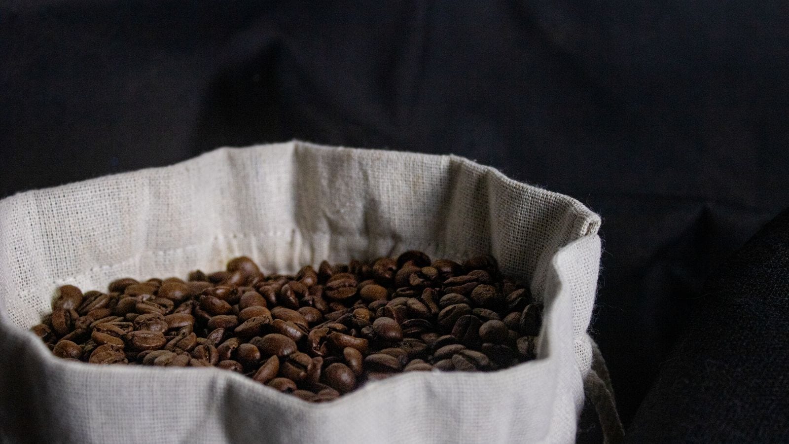 Roasted coffee beans spilling from a bag, dark and oily