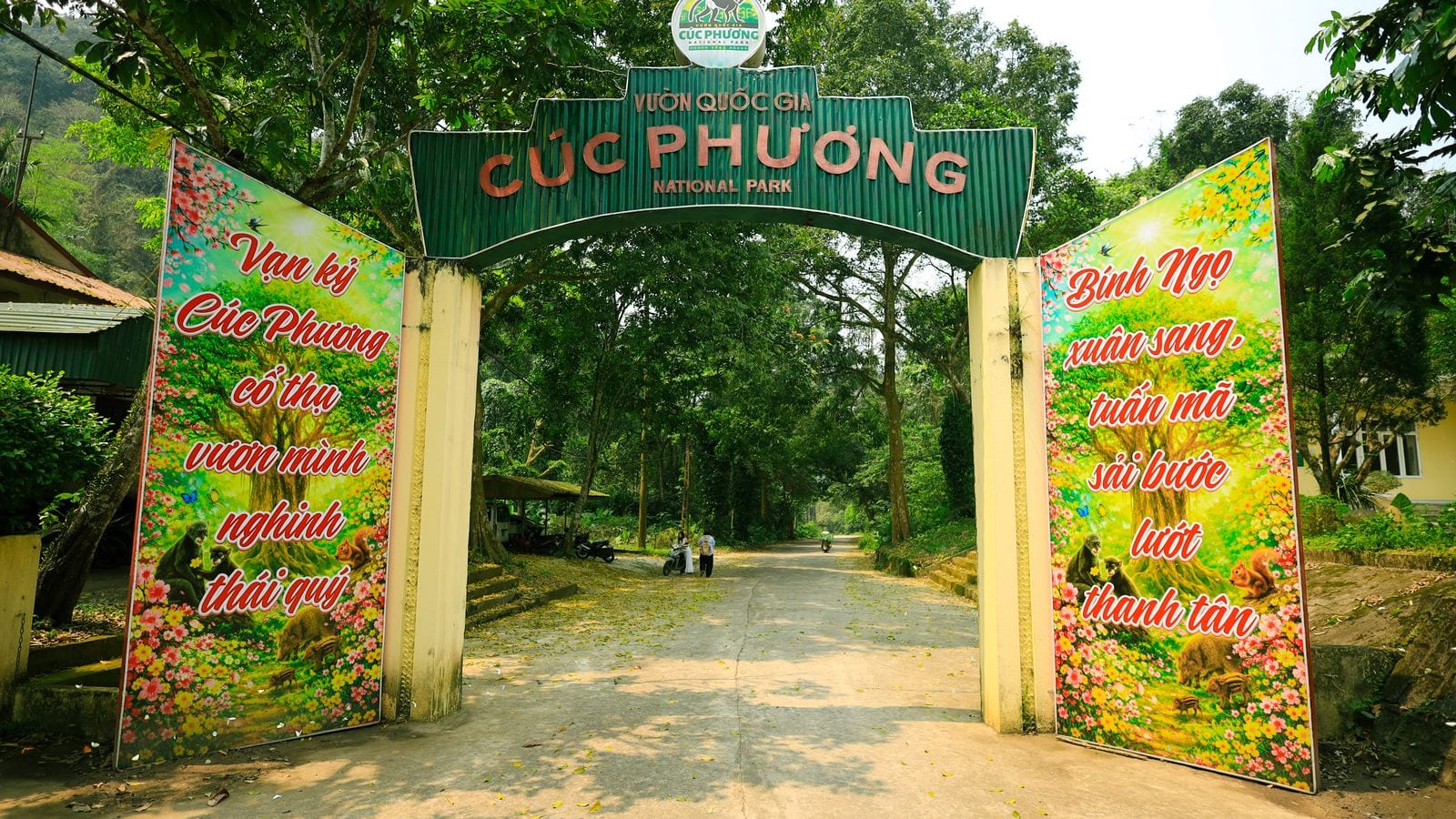 The gateway arch at Cuc Phuong national park, VUON QUOC GIA lettered across the top and painted boards of langurs and civets standing either side of the road in